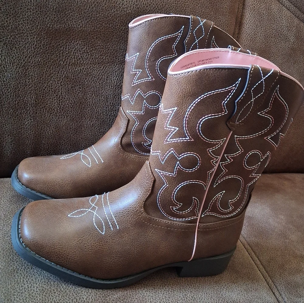 Wonder Nation Classic Brown Western Cowgirl Boots with Pink Trim Girls' Size 3